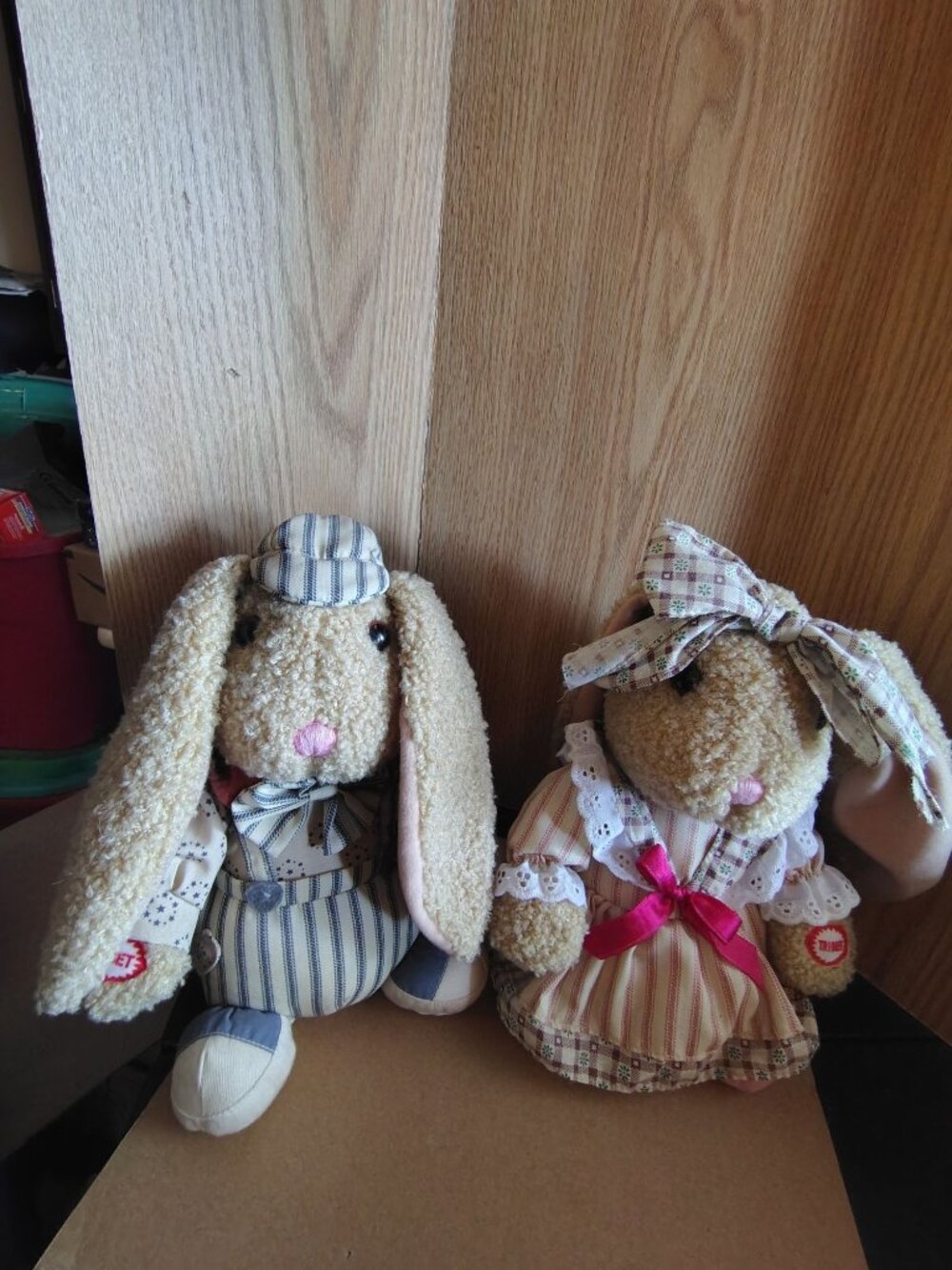 Vintage Animated Plush Bunny Pair In Country Outfits Battery Operated 3+ Years
